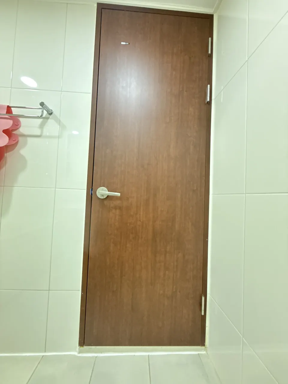 새 문으로 교체한 갈색 욕실문