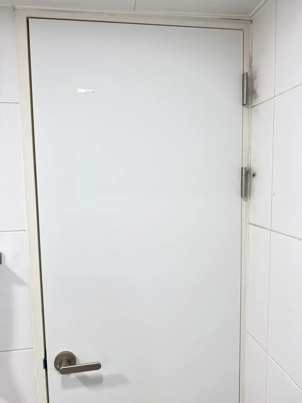새 문짝으로 교체한 흰색 욕실문